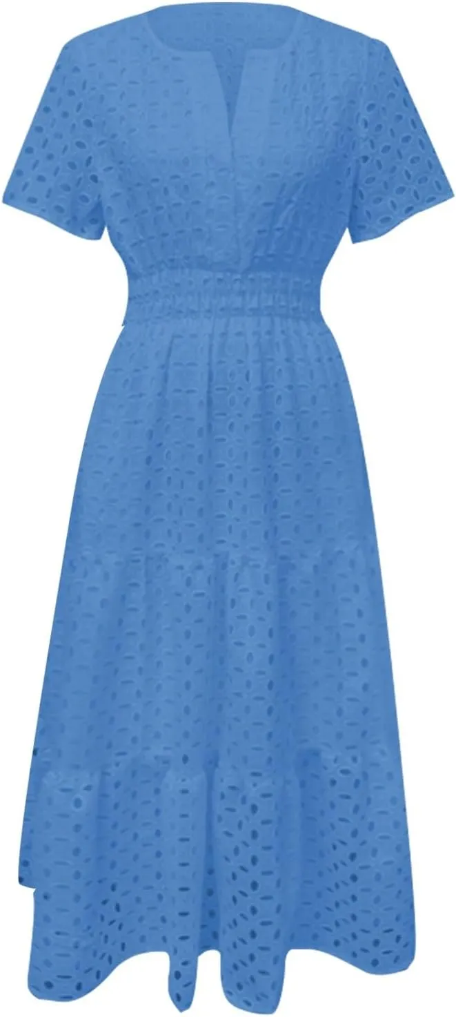 ZYXTIM Eyelet Dresses for Women 2025 Short Sleeve Casual A Line Boho Maxi Dress V Neck Fashion Summer Beach Vacation Sundress
