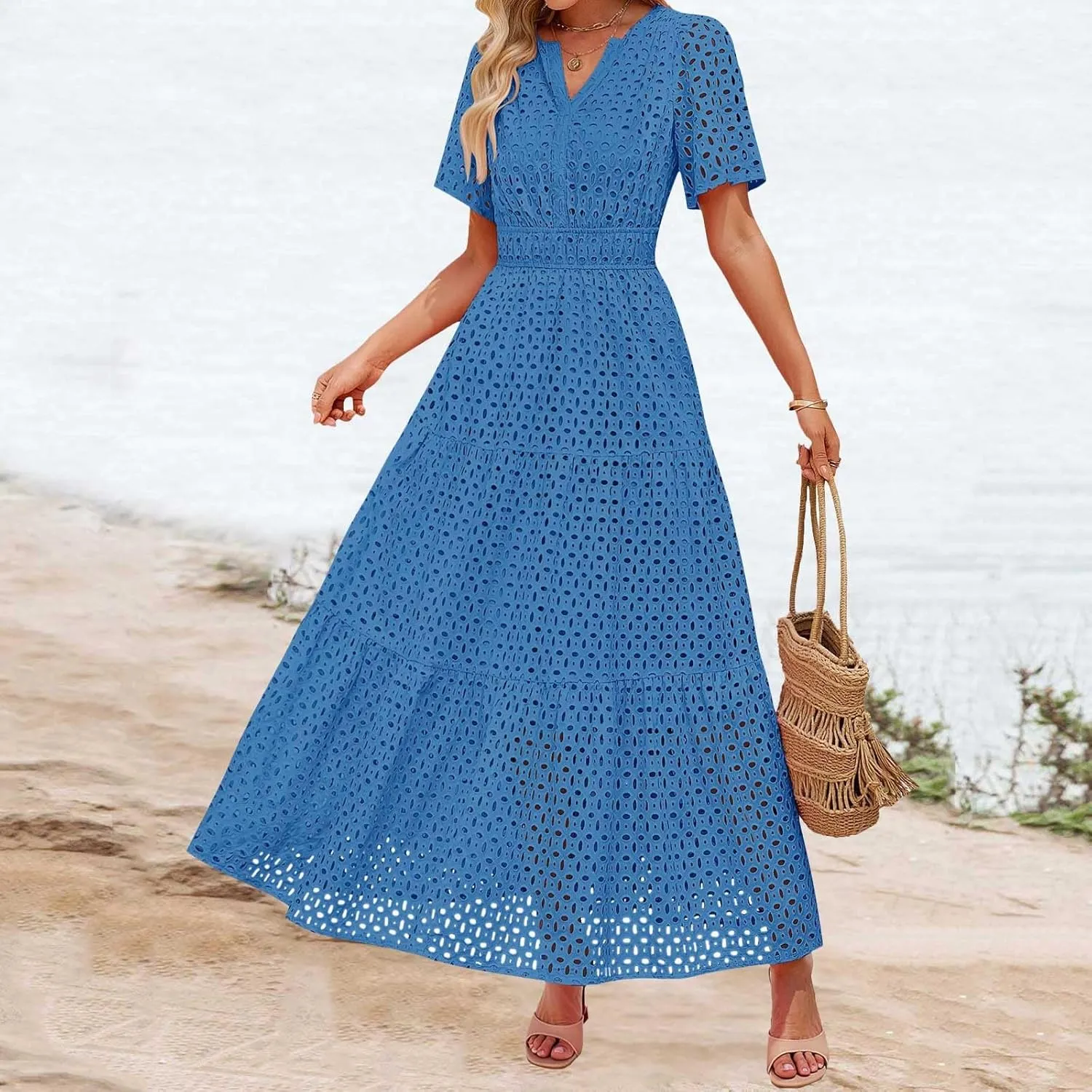 ZYXTIM Eyelet Dresses for Women 2025 Short Sleeve Casual A Line Boho Maxi Dress V Neck Fashion Summer Beach Vacation Sundress