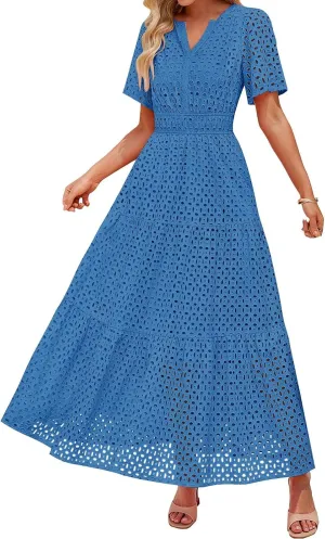 ZYXTIM Eyelet Dresses for Women 2025 Short Sleeve Casual A Line Boho Maxi Dress V Neck Fashion Summer Beach Vacation Sundress
