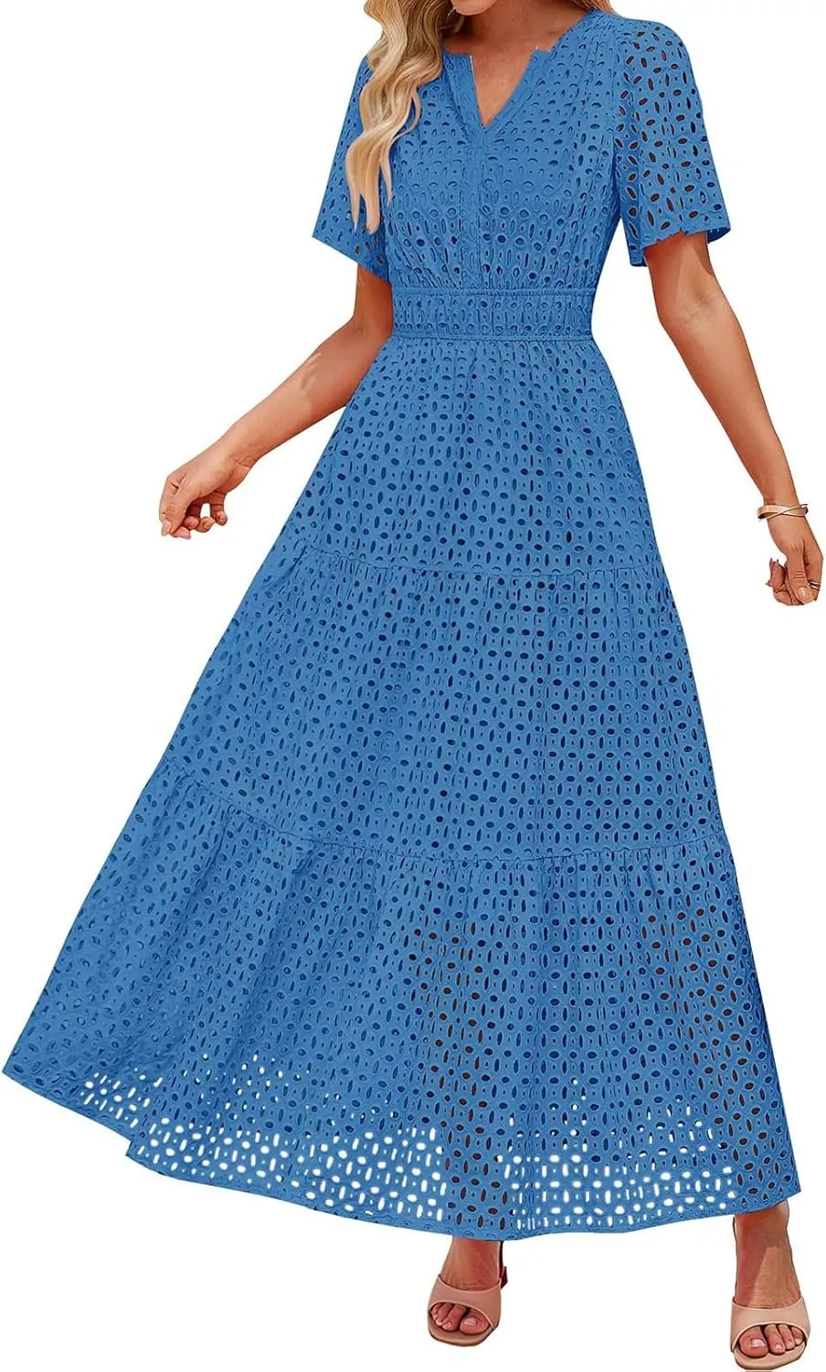 ZYXTIM Eyelet Dresses for Women 2025 Short Sleeve Casual A Line Boho Maxi Dress V Neck Fashion Summer Beach Vacation Sundress